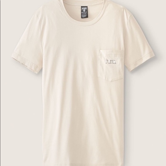 Victoria's Secret PINK Campus Short Sleeve Tee Vanilla Bean Shine NEW - Picture 6 of 7